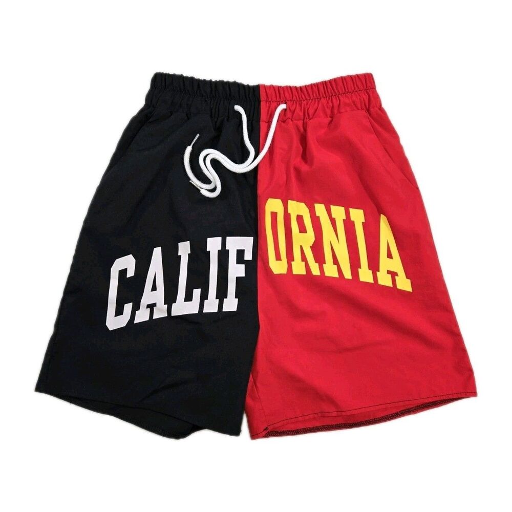 Mens Romwe Colorblock California Athletic Shorts Small Red Black